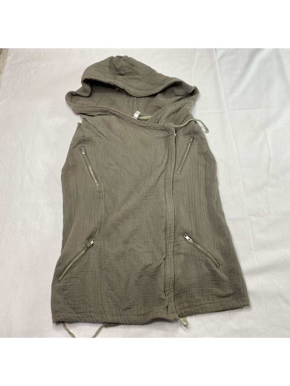 Monoreno Vest Sz S Olive Hooded Zip Front Gauze Cotton Sleeveless Casual Layer